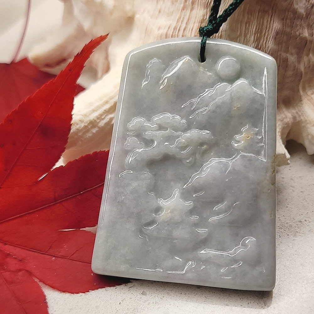 Certified Untreated Landscape Handcarved Jadeite Jade Pendant Necklace Nwt